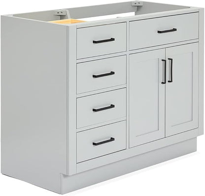 ARIEL Hepburn 42-inch Bathroom Vanity Base Cabinet,Solid Wood, 2 Soft Closing Doors, 5 Dovetail Drawers, Grey