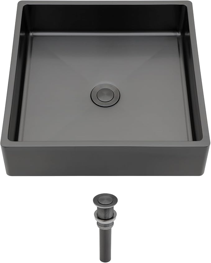Logmey 15“ Black Shallow Bathroom Vessel Sink 15x15 Square Handmade 16 Gauge Stainless Steel Above Counter 4 Inch Deep RV Bathroom Sink Sinks with Pop up Drain Set