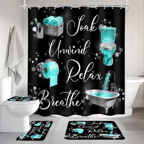 Teal Black Funny Quotes Positive 4Pcs Bathroom Shower Curtain Set with Rugs