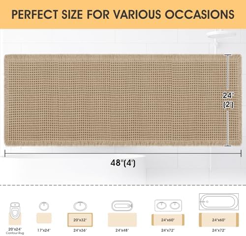 IM HOME Waffle Bath Mat Beige 4'x2', Boho Woven Modern Bath Mat Rugs, Absorbent Non Slip Bathroom Rugs, Soft Washable Bath Rugs with Tassels for Bathroom, Bedroom, Kitchen, Shower, Tub