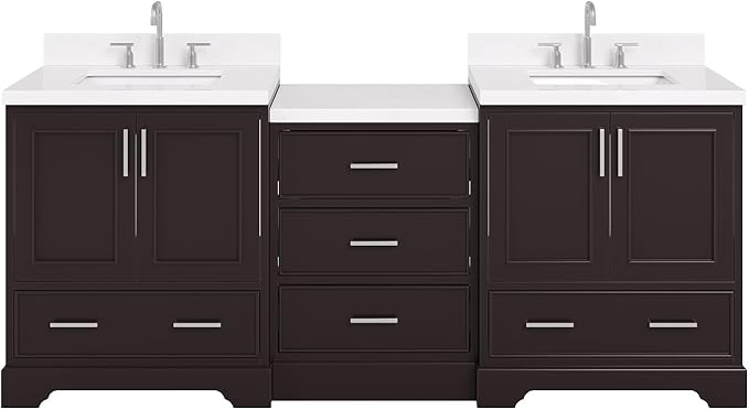 ARIEL Stafford 84-inch Bathroom Vanity with Sink,Solid Wood, 1.5in Carrara White Quartz Countertop, Double Rectangular Porcelain Sink, 4 Soft Closing Doors, 5 Dovetail Drawers, Espresso