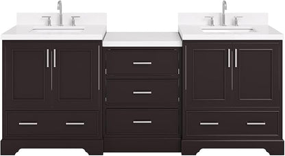 ARIEL Stafford 84-inch Bathroom Vanity with Sink,Solid Wood, 1.5in Carrara White Quartz Countertop, Double Rectangular Porcelain Sink, 4 Soft Closing Doors, 5 Dovetail Drawers, Espresso