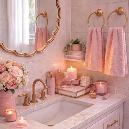 SmoothNovelty 2 Pcs Pink Floral Jacquard Hand Towels for Bathroom