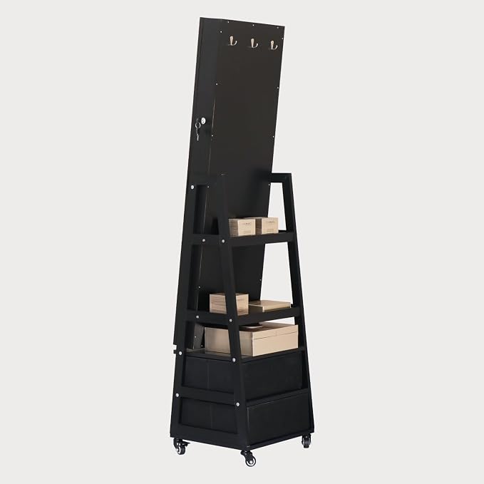 Standing Jewelry Armoire Cabinet Lockable Full Length Mirror with Drawer | Jewelry Organizer Armoire with Wheels,Floor Mirror with Back Storage Shelves for Bedroom Christmas Gift for Friend Black