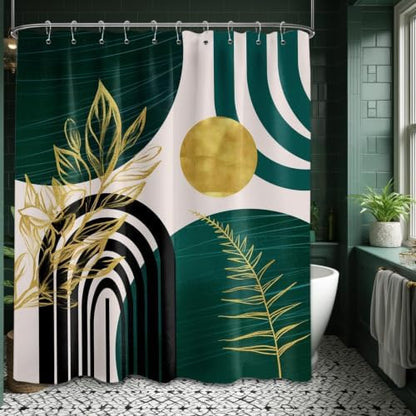 Emerald Green and Gold Shower Curtain, 60X72 in, Mid Century Modern