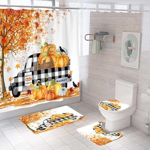 Yddsky Fall Maple Pumpkin Shower Curtain Sets with Rug Lid Cover and Mat