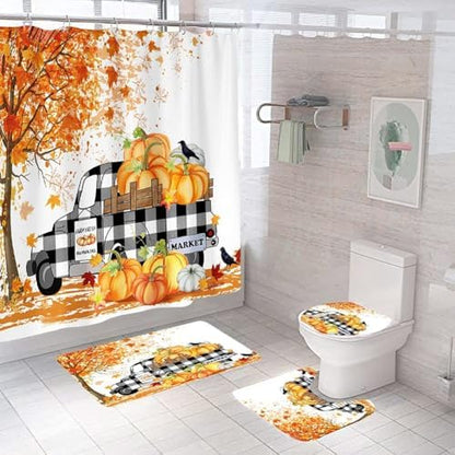 Yddsky Fall Maple Pumpkin Shower Curtain Sets with Rug Lid Cover and Mat