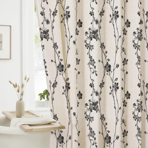 Gibelle Black Farmhouse Linen Shower Curtain, Boho Floral Fabric, 72 x 72