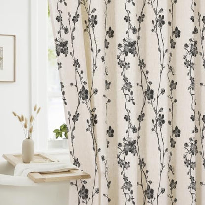 Gibelle Black Farmhouse Linen Shower Curtain, Boho Floral Fabric, 72 x 72