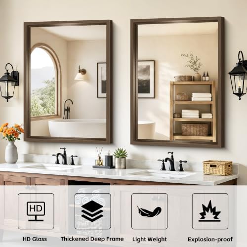 Bathroom Mirror, 30 x 42 inch Walnut Wood Grain Colored Aluminum Metal Frame Bathroom Vanity Mirror, Rectangle Wall Mirror for Bedroom Living Room, Tempered Glass, Horizontal or Vertical