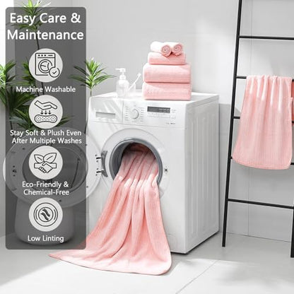 Ycosy 18 Piece Bath Towels Set,100% Microfiber Family Bathroom Towel with Hanging Loops-6 Bath Towels,6 Hand Towels,6 Washcloths,Quick Dry Highly Absorbent Shower Towel for Bathroom,Hotel,Spa-Pink