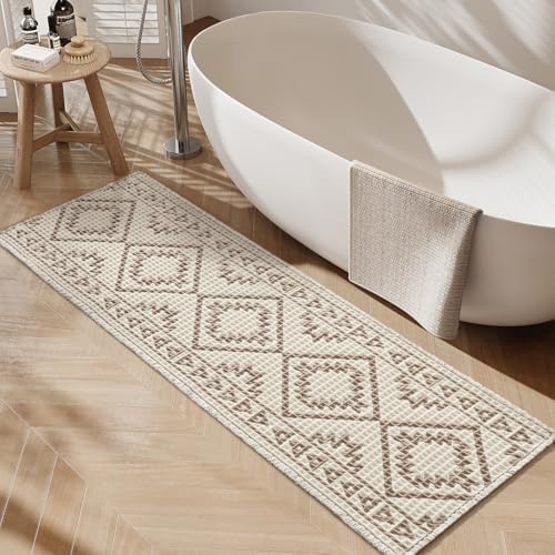 PADOOR-Waffle Bathroom Runner 24"x48", Super Absorbent Bath Mats for Bathroom, Machine Washable Non Slip Bath Rug with Tassels, Soft Bath Mat for Laundry Room, Bedroom, Cream & Brown, 2'x 4'