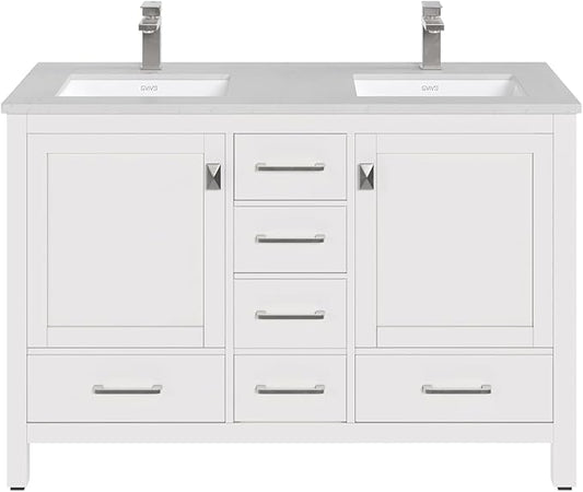 Eviva London 48 in. White Double Sink Bath Vanity with Carrara Quartz Top and Undermount Porcelain Sinks