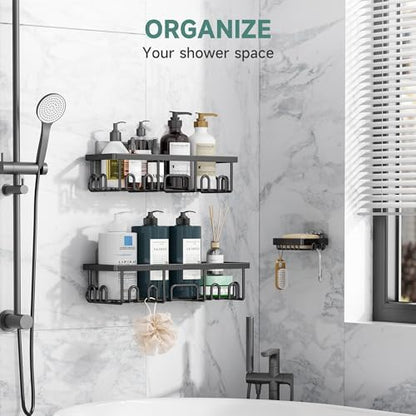 Veken Shower Caddy 3-Pack, Advanced Rustproof Design, No Drilling Adhesive Shelves, Rack with Soap Holder, Large Capacity Bathroom Organizers and Storage, Wall-Mounted Kitchen & Home Decor, Black