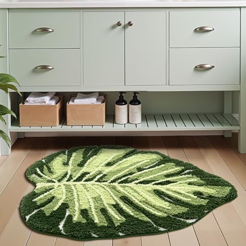 LUMI Bathroom Rug Green Leaf, Absorbent Non Slip Bath Mat, 31.5"x47"