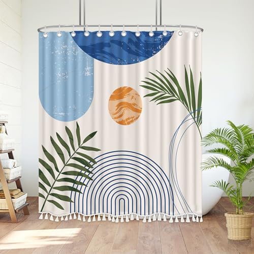 Boho Mid Century Leaf Shower Curtain Set,Arch Sun Design,Minimalistic Leaves Pattern,Waterproof and Luxurious Fabric-12 Hooks(Light Blue-72" x 78")