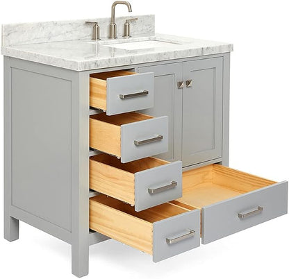 ARIEL Cambridge 36-inch Bathroom Vanity with Sink,Solid Wood, 1.5-inch Italian Carrara Marble Countertop, Single Rectangular Porcelain Sink, 2 Soft Closing Doors, 5 Dovetail Drawers, Grey