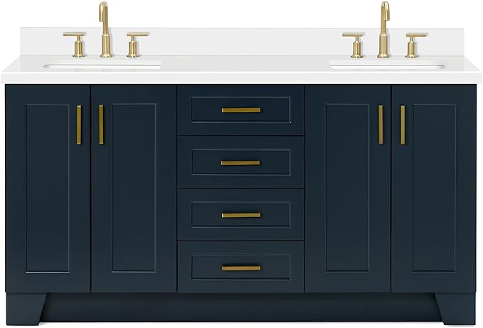 ARIEL Taylor 66-inch Bathroom Vanity with Sink,Solid Wood, 1.5-inch Pure White Quartz Countertop, Double Rectangular Porcelain Sink, 4 Soft Closing Doors, 5 Dovetail Drawers, Midnight Blue