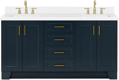 ARIEL Taylor 66-inch Bathroom Vanity with Sink,Solid Wood, 1.5-inch Pure White Quartz Countertop, Double Rectangular Porcelain Sink, 4 Soft Closing Doors, 5 Dovetail Drawers, Midnight Blue