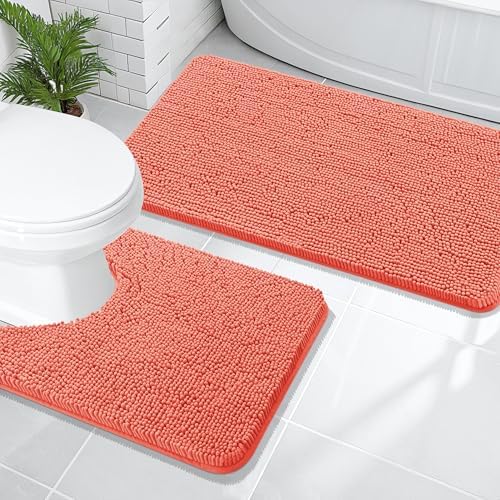 OLANLY Chenille Bathroom Rugs Mats Sets 2 Piece, 47"x20"+24"x20", Coral