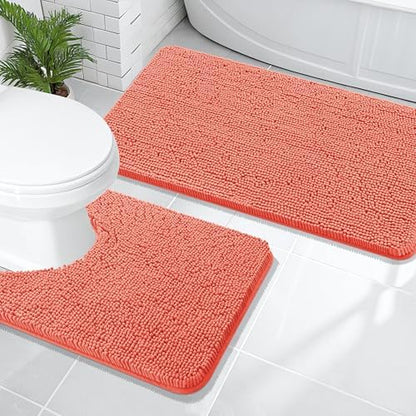 OLANLY Chenille Bathroom Rugs Mats Sets 2 Piece, 47"x20"+24"x20", Coral