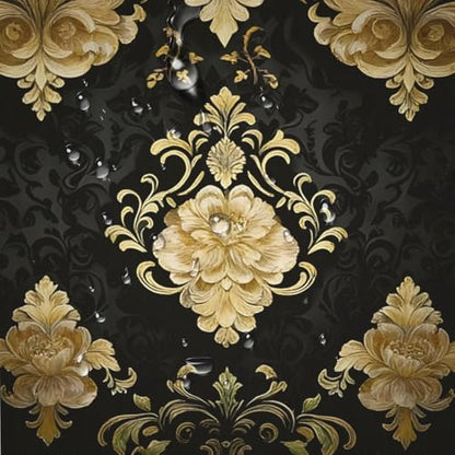 NBVKO 4Pcs Luxury Damascus Gold Flower Shower Curtain Set with 12 Hooks Non-Slip Rugs,Toilet Lid Cover and Bath Mat,Dark Gold Bathroom Decor for Hotel & Home Bathroom