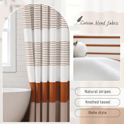 Boho Orange Fall Cotton Striped Shower Curtain with Tassel 72"W X 72"L