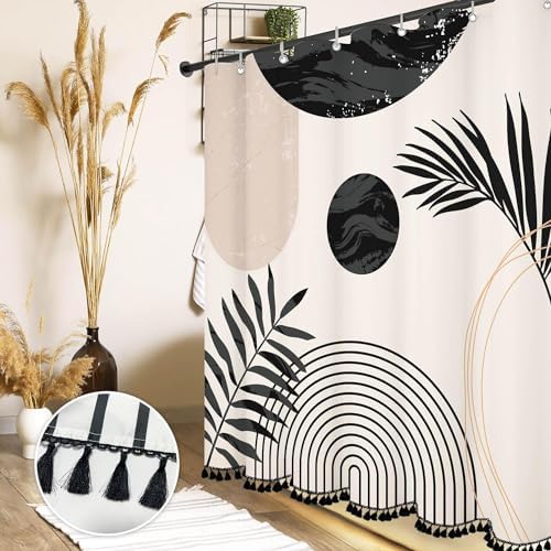 Boho Mid Century Leaf Shower Curtain Set,Arch Sun Design,Minimalistic Leaves Pattern,Waterproof and Luxurious Fabric-12 Hooks(Black and White-72" x 96")
