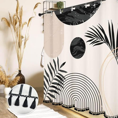 Boho Mid Century Leaf Shower Curtain Set,Arch Sun Design,Minimalistic Leaves Pattern,Waterproof and Luxurious Fabric-12 Hooks(Black and White-72" x 84")
