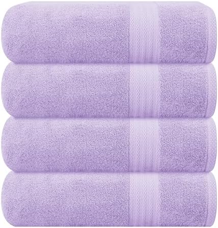 GLAMBURG Premium Cotton 4 Pack Bath Towel Set - 100% Pure Cotton - 4 Bath Towels 27x54 - Ideal for Everyday use - Ultra Soft & Highly Absorbent - Purple