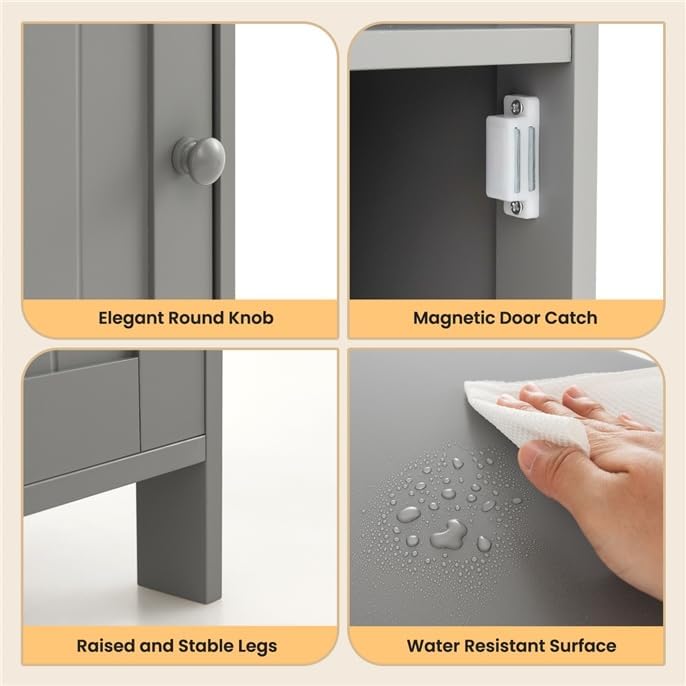 LDAILY Bathroom Cabinet, Freestanding Small Cabinet with Door, 3-Position Adjustable and Removable Shelf, Anti-Tipping Device, Wooden Floor Organizer for Bathroom, Kitchen, Office (Gray)