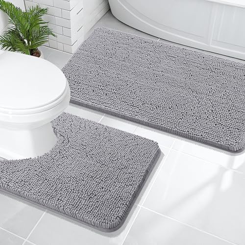OLANLY Chenille Bathroom Rugs Mats Sets 2 Piece, 47"x20"+24"x20", Grey