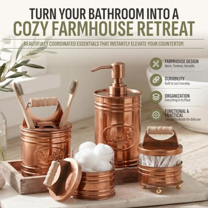 Autumn Alley Western Bathroom Accessories Set 4 - Copper Farmhouse Soap Dispenser, Toothbrush Holder, 2 Apothecary Jars Qtip Holder - Rustic Bathroom Decor – Rustic Bathroom Accessories