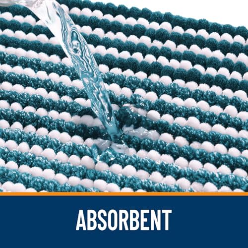 OLANLY Bathroom Runner Rugs 44x24, Chenille Striped Bath Rugs, Peacock Blue