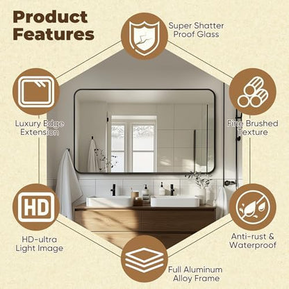 Antok 50x30 Black Metal Framed Bathroom Mirror, Wall Mirror with Round Corners, Vanity Mirror for Over Sink, Anti-Rust Tempered Glass, Horizontal/Vertical Hanging for Bathroom, Living Room, Entryway