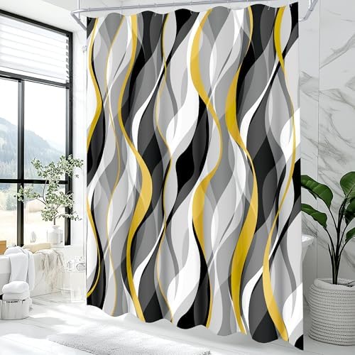 Yellow and Grey Shower Curtain for Bathroom Yellow and Black Shower Curtain Fabric Modern Abstract Striped Minimalist Bath Curtains Waterproof Shower Curtains Set, Black Gray Yellow, 72 x 72 Inch