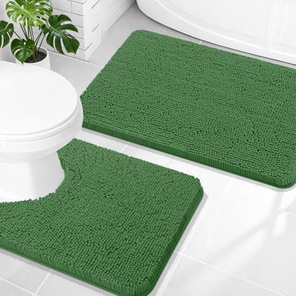 OLANLY Chenille Bathroom Rugs Sets 2 Piece, 30"x20"+24"x20", Olive Green