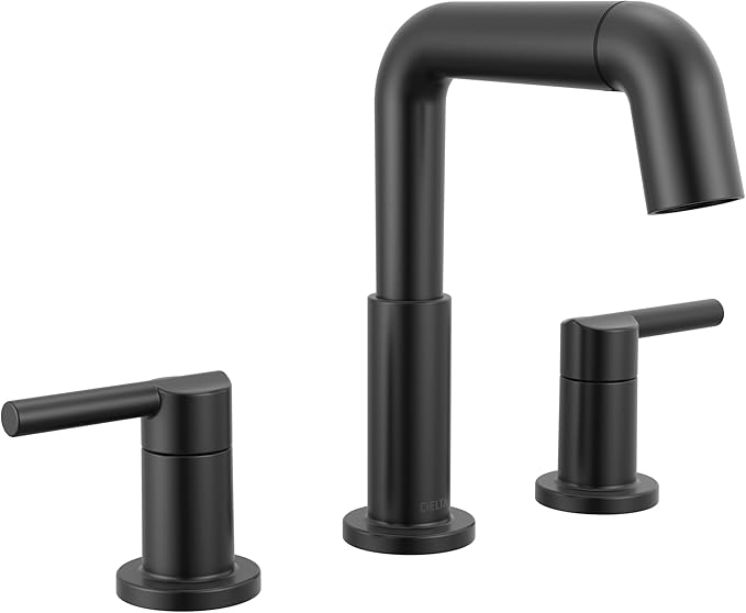Delta Nicoli Matte Black Bathroom Faucet with Sprayer, 8 Inch 3 Hole Widespread Bathroom Sink Faucet with Pull Out Sprayer, Push-Pop Drain, Matte Black 35849LF-BLPD