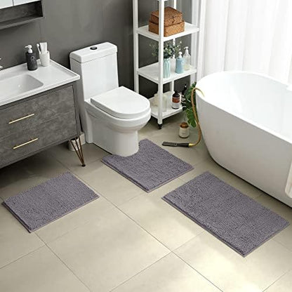HOMEIDEAS Grey Chenille Bathroom Rugs Set of 3, Non Slip Bath Mat