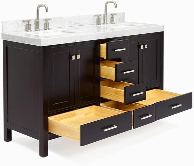 ARIEL Cambridge 60-inch Bathroom Vanity with Sink,Solid Wood, 2-inch Italian Carrara Marble Countertop, Double Rectangular Porcelain Sink, 4 Soft Closing Doors, 6 Dovetail Drawers, Espresso