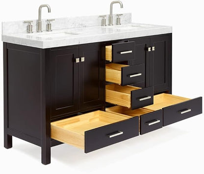 ARIEL Cambridge 60-inch Bathroom Vanity with Sink,Solid Wood, 2-inch Italian Carrara Marble Countertop, Double Rectangular Porcelain Sink, 4 Soft Closing Doors, 6 Dovetail Drawers, Espresso