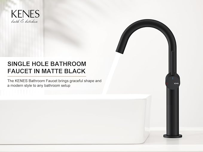 KENES Matte Black Tall Bathroom Vessel Sink Faucet, Single Handle Bathroom Faucet Single Hole, Tall Vanity Faucet with Pop Up Drain and Supply Lines, KE-9005C-2