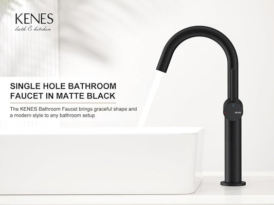 KENES Matte Black Tall Bathroom Vessel Sink Faucet, Single Handle Bathroom Faucet Single Hole, Tall Vanity Faucet with Pop Up Drain and Supply Lines, KE-9005C-2