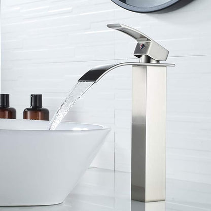 VOTON Vessel Sink Faucet Brushed Nickel Modern Tall Waterfall Bathroom Sink Faucet Single Handle Bathroom Faucet 1 Hole Bowl Lavatory Vanity Faucet, Rv Sink Camper Farmhouse Bathroom Faucet