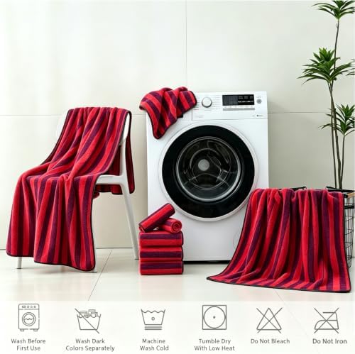 18 Pcs Red Black Cabana Stripe Bath Towel Set with Hanging Loop-6 Bath Towels,6 Hand Towels,6 Washcloths Family Towels Soft Microfiber Highly Absorbent Shower Towel for Bathroom Beach Spa Gym