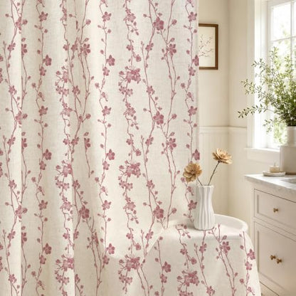Gibelle Pink Farmhouse Linen Shower Curtain, Boho Floral Fabric, 72 x 84