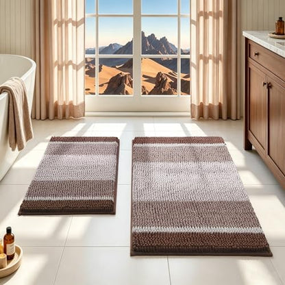 HOMEIDEAS Brown Bathroom Rugs Set of 2, Striped Chenille, 20"x32"+17"x24"