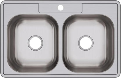 Dayton Stainless Steel 33" x 21-1/4" x 6-9/16", 1-Hole Equal Double Bowl Drop-in Sink