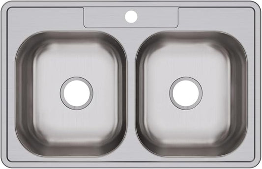 Dayton Stainless Steel 33" x 21-1/4" x 6-9/16", 1-Hole Equal Double Bowl Drop-in Sink