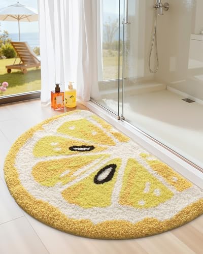 DEXI Cute Lemon Bath Mat, Half Round Fruit Bathroom Rugs 36x20